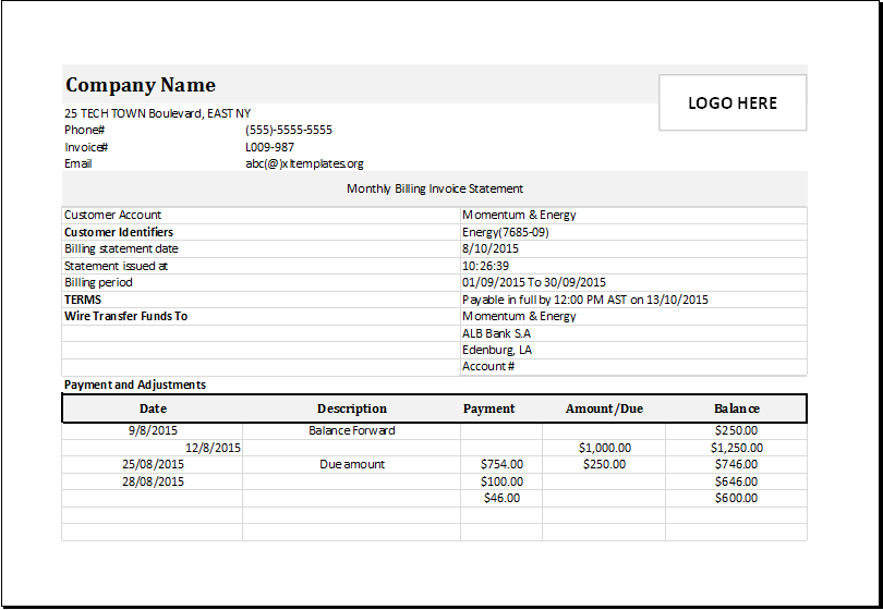 Monthly Billing Invoice Statement for EXCEL  Excel Templates