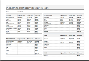 personal monthly budget sheet