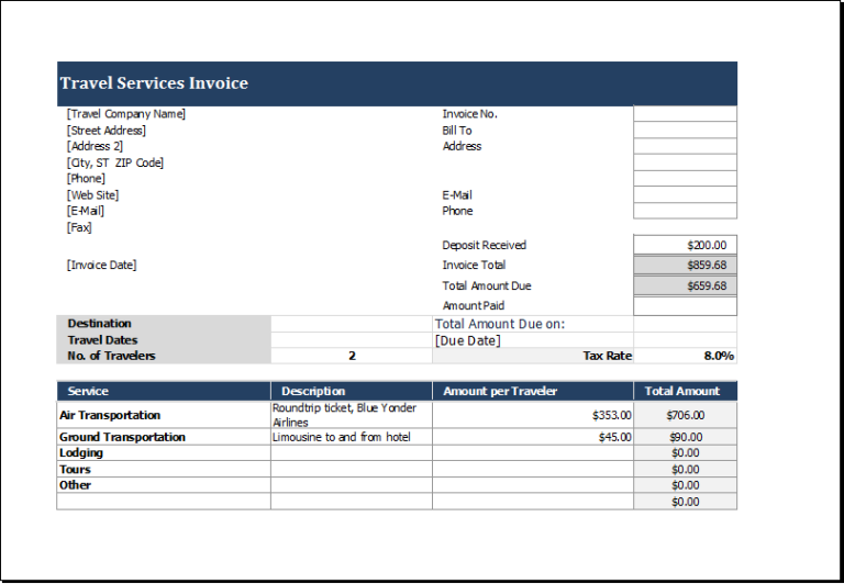 Travel Service Invoice Template for EXCEL Excel Templates