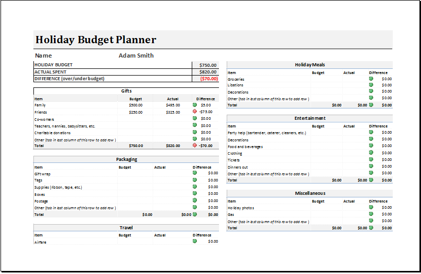 Holiday Budget Planner Template for EXCEL Excel Templates