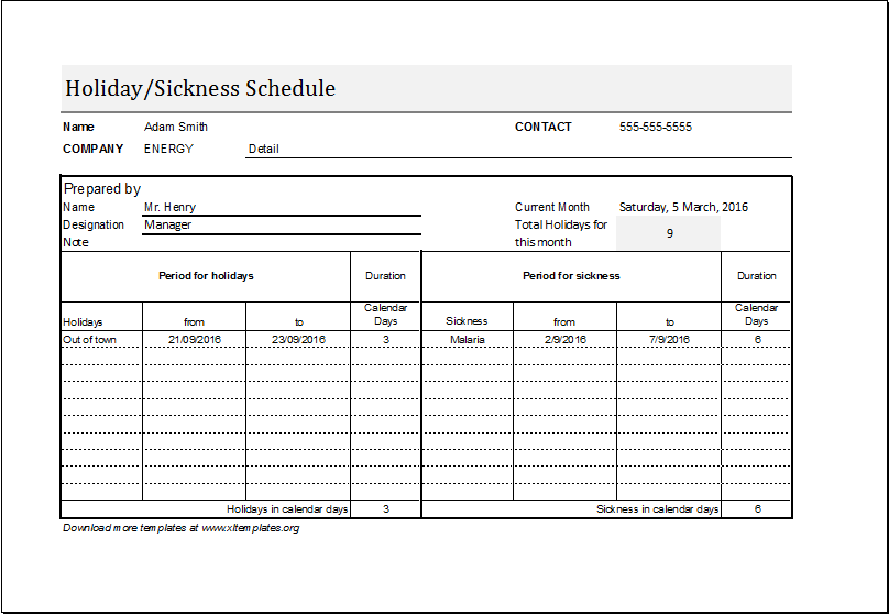 Employee Holiday Sickness Schedule Template Excel Templates