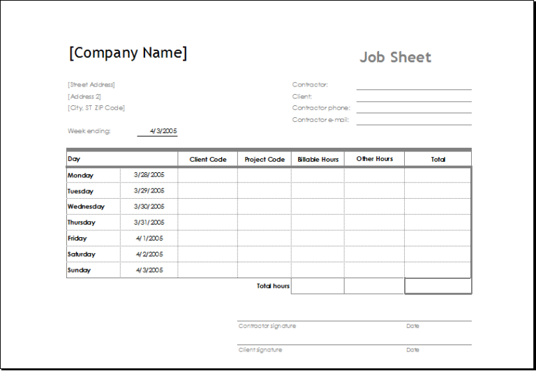 Sample Job Sheet Template for MS EXCEL Excel Templates