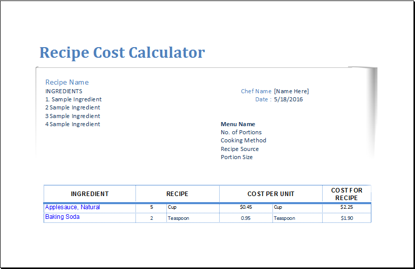 Recipe Food Cost Calculator