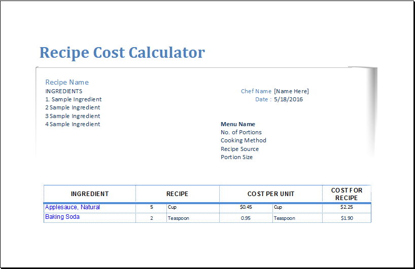 Recipe Cost Calculator Template for EXCEL Excel Templates