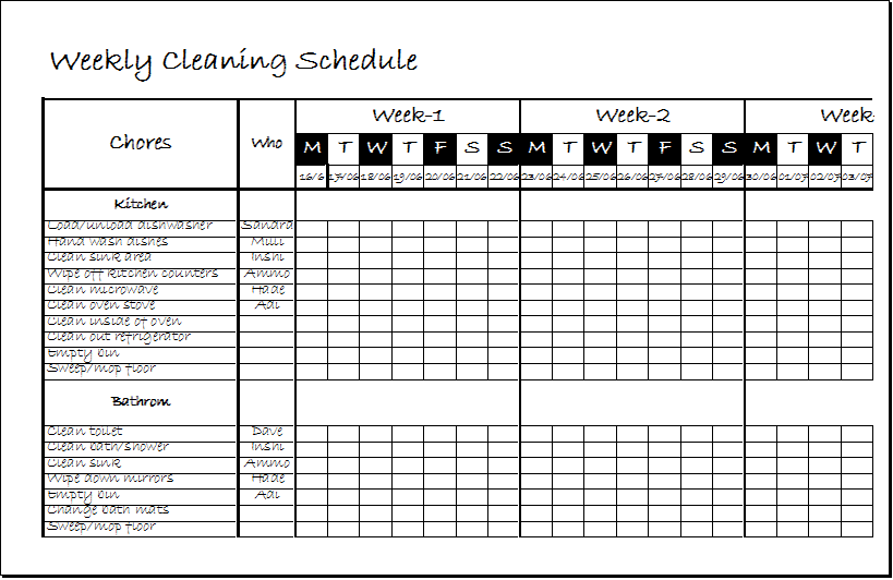 Weekly Clean Up Spreadsheet Template .xls Excel Templates