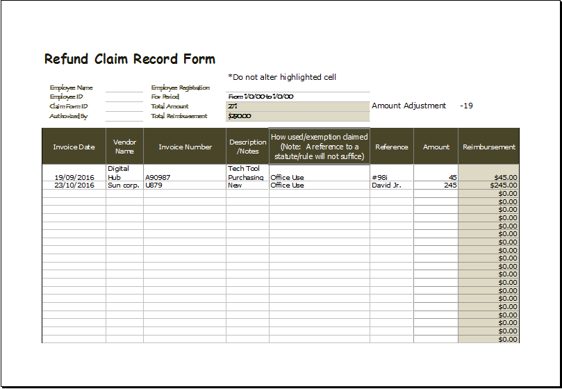 Refund claim record form