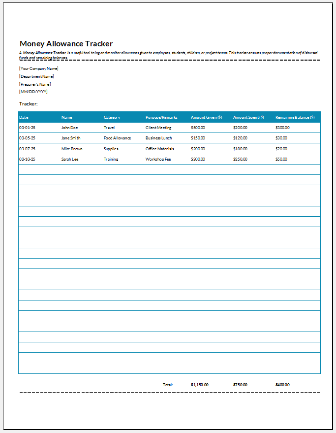 Money Allowance Tracker for Excel