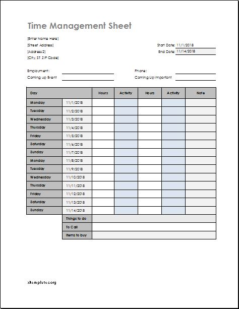 Time Management Worksheet Template For Excel Download