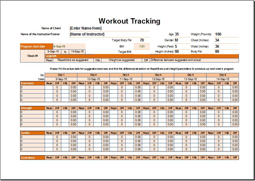 Workout Schedule & Tracker Template for EXCEL Excel Templates