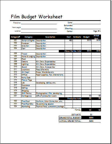 film budget worksheet