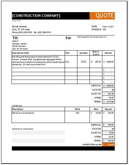 Construction Services Quotation Templates For EXCEL Excel Templates