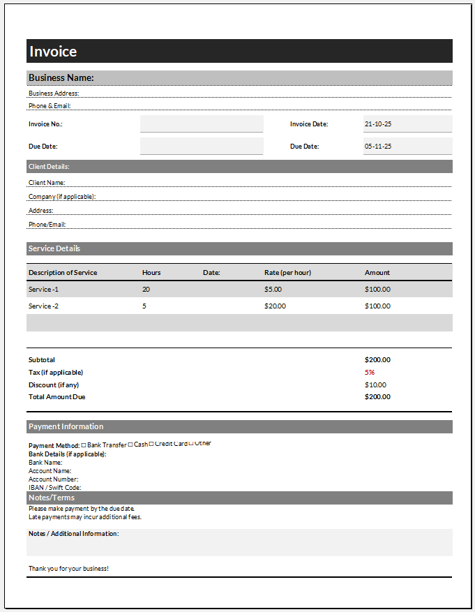 Hourly Service Invoice