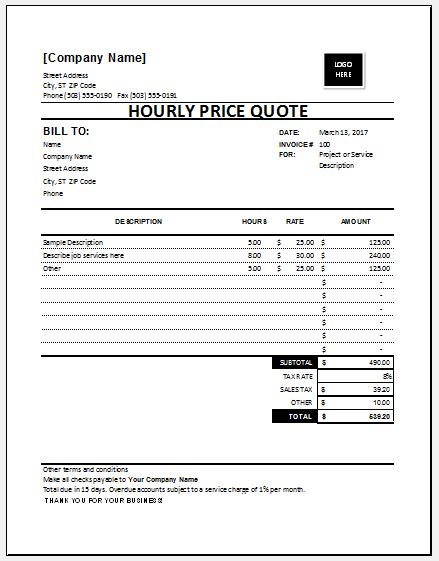 Hourly price quotation template