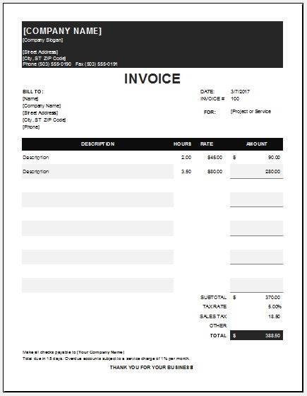 Hourly service invoice