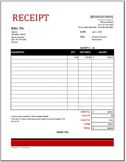 Sales Receipt Template for Excel