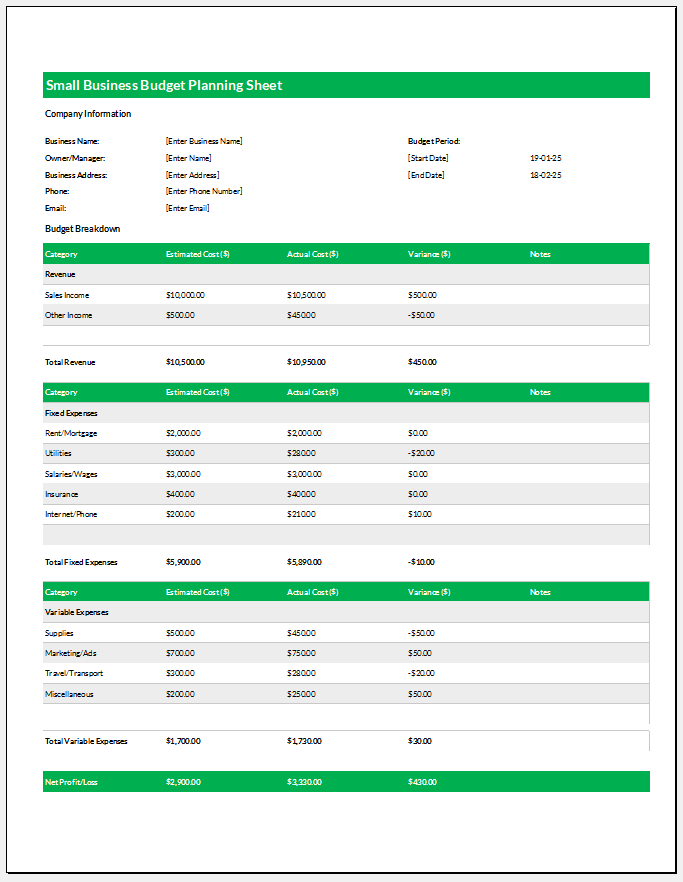 Small Business Budget Planning Sheet
