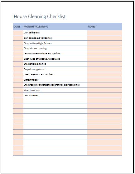 House Cleaning Checklist Template for Excel