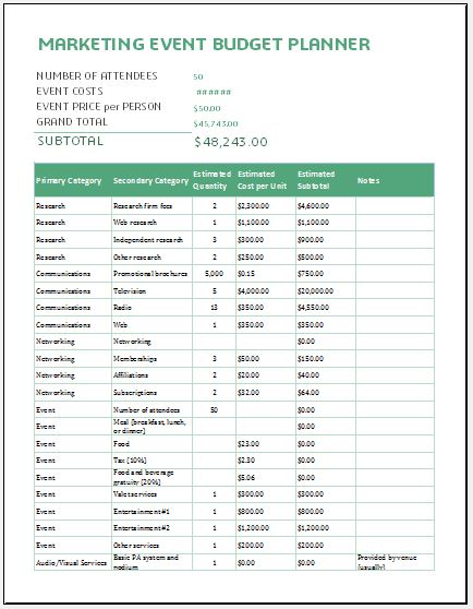 Marketing Event Budget Planner for MS Excel | Excel Templates