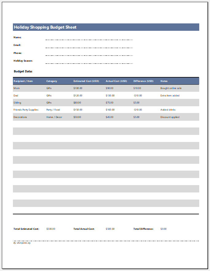 Holiday Shopping Budget Sheet