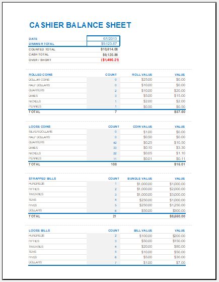 Cash Drawer Reconciliation Sheet Template Excel Templates