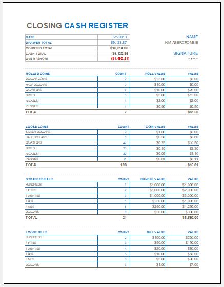 Daily Cash Balance Sheet Template Cash Register Templates 10 Free