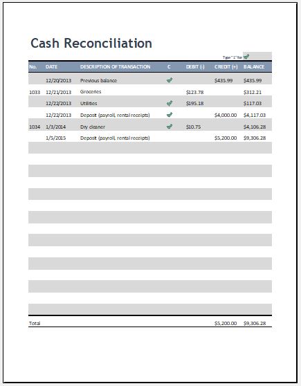 Cash Reconciliation Sheet Template