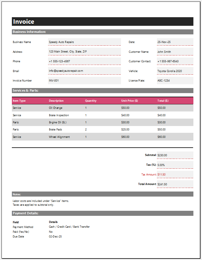 Auto Repair Invoice