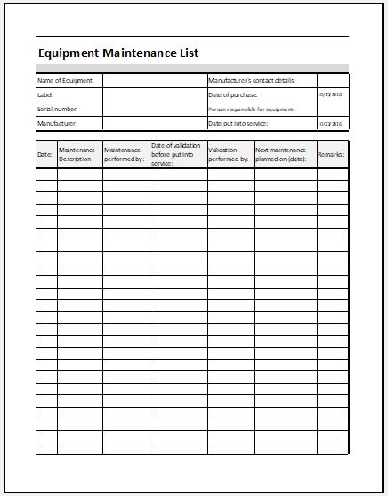 Equipment Maintenance List Template MS Excel | Excel Templates