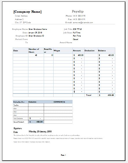 Monthly payslip template
