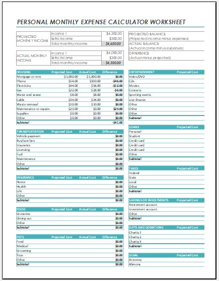 Personal Monthly Expense Calculator Worksheet | Excel Templates