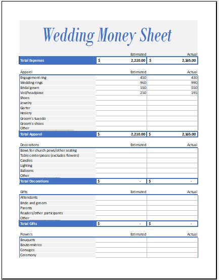 Wedding Event Expense Calculator Worksheet
