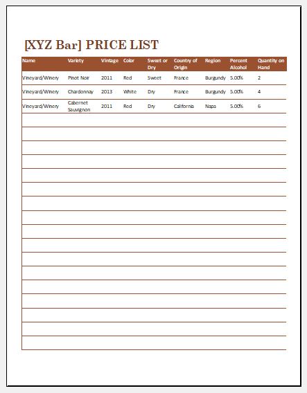 Bar price list template