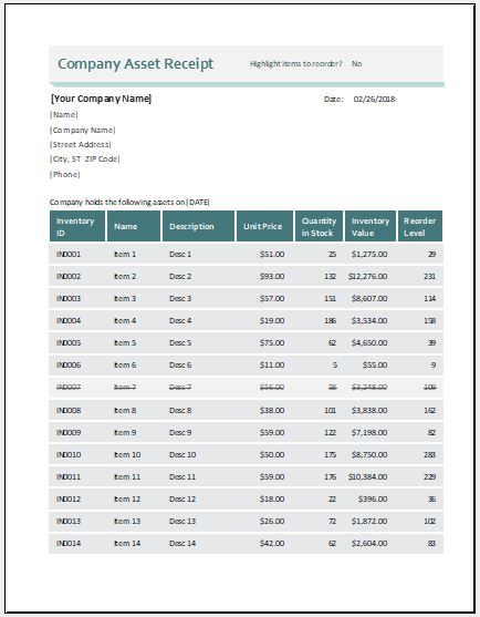 Company Assets Receipt form. Company assets