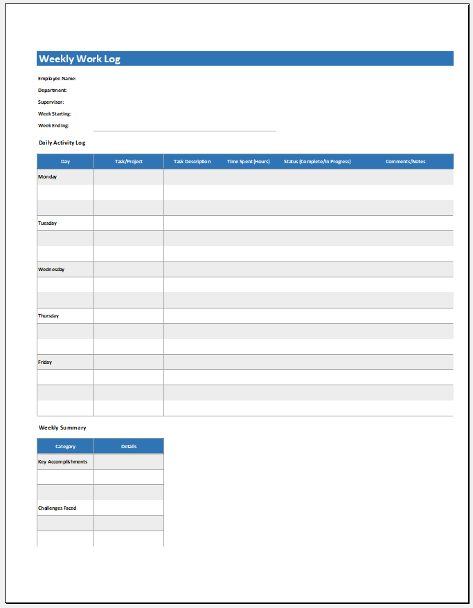 Weekly work log for business
