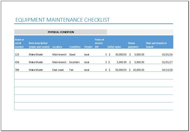 Equipment Maintenance Checklist Template for Excel | Excel Templates