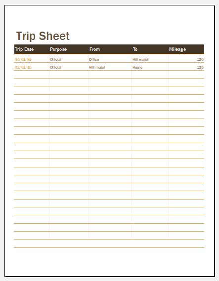 Daily trip sheet template