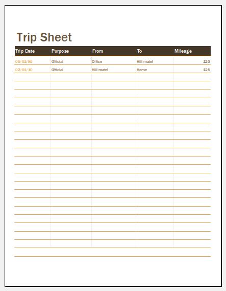 trip sheet format in excel