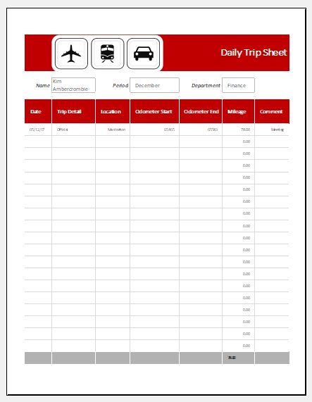 Daily trip sheet template