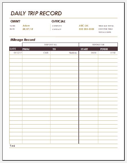 trip sheet format in excel