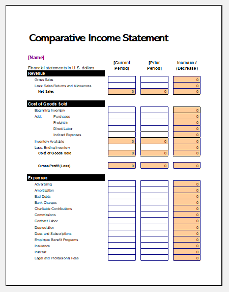 Comparative income statement template