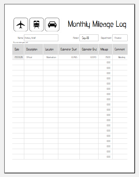 Monthly Mileage Log