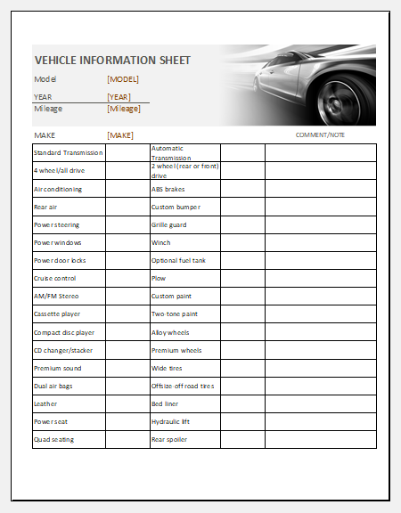Vehicle information sheet