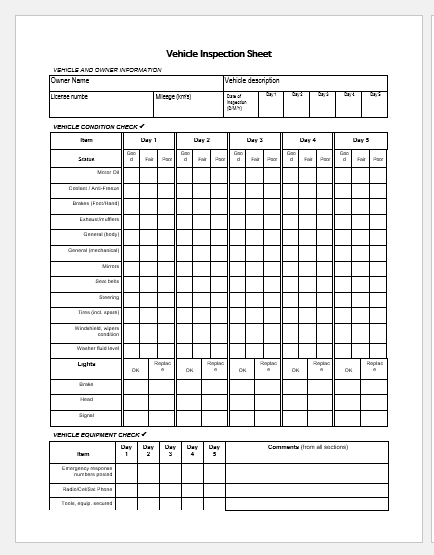 Vehicle inspection sheet