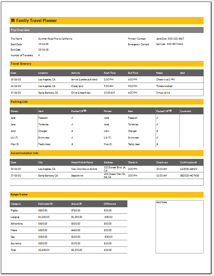 Family Travel Planner Template for Excel
