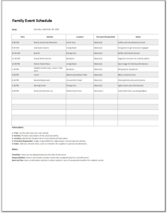 Family Event Schedule Template for MS Excel | Download File