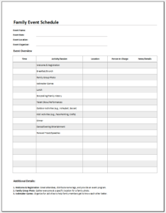 Family Event Schedule Template for MS Excel | Download File