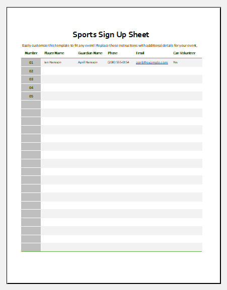 Sports sign up sheet template