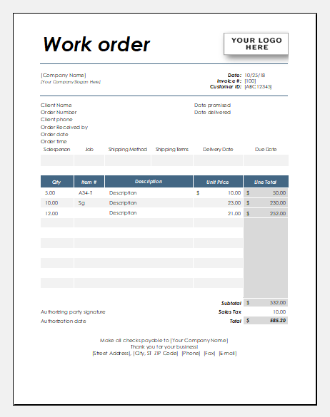 Work order template for Excel