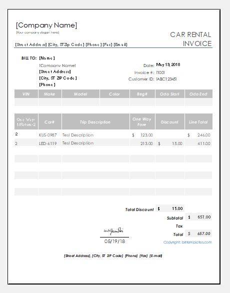 Car Rental Service Bill Invoice Templates For Excel Excel Templates