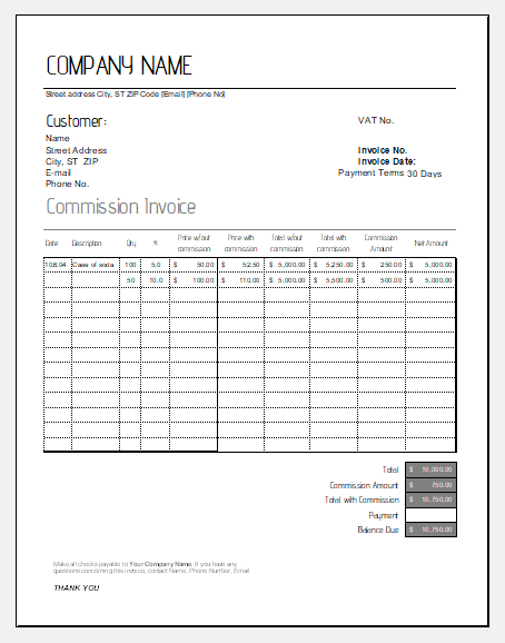 commission bill/invoice templates for excel  excel templates